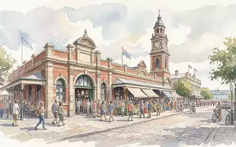 Aquarellillustration des Wahrzeichens Fremantle Markt in Fremantle Australien, weiche Farbverläufe und pastelliges Reiseposter-Feeling - Foto: THN