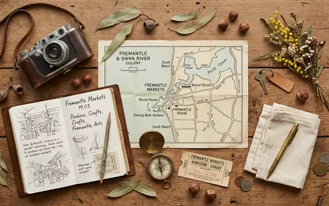 Flatlay-Reise-Arrangement rund um Fremantle Markt in Fremantle Australien, Karte Kompass Kamera und generische Reiserequisiten - Foto: THN