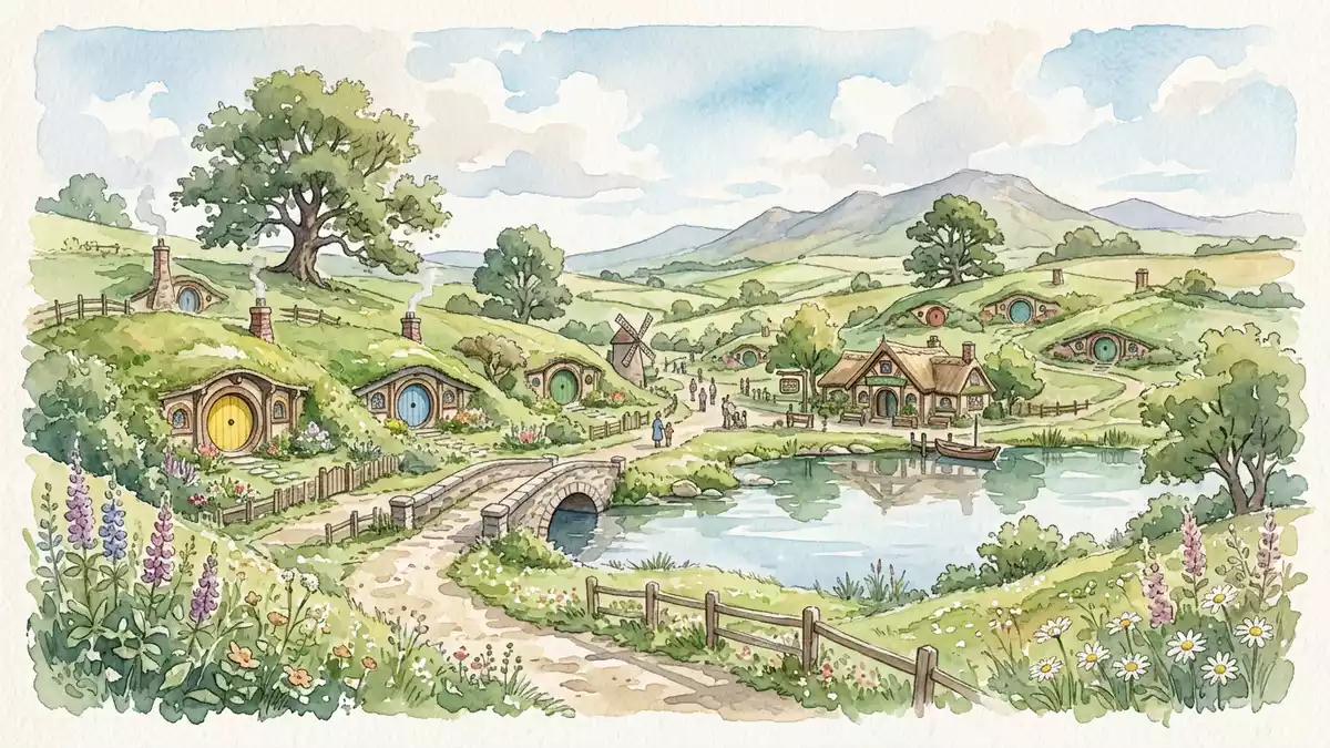 Aquarell-Illustration von Hobbiton Filmset in Matamata, Neuseeland als Reiseposter