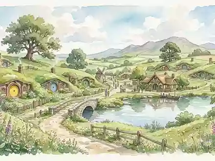 Aquarellillustration des Wahrzeichens Hobbiton Filmset in Matamata Neuseeland, weiche Farbverläufe und pastelliges Reiseposter-Feeling - Foto: THN