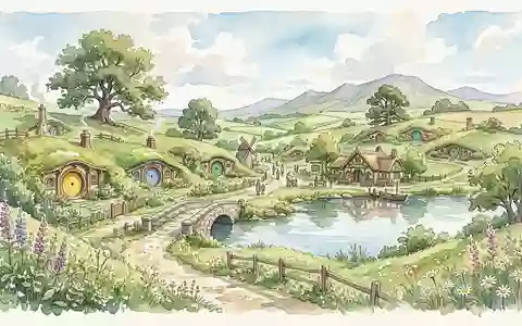 Aquarellillustration des Wahrzeichens Hobbiton Filmset in Matamata Neuseeland, weiche Farbverläufe und pastelliges Reiseposter-Feeling - Foto: THN