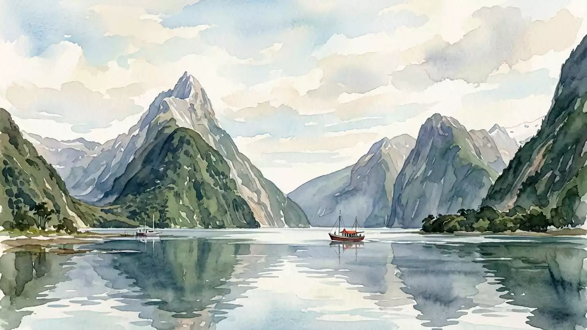Aquarell-Illustration von Milford Sound in Milford Sound, Neuseeland als Reiseposter