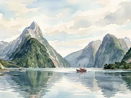 Aquarellillustration des Wahrzeichens Milford Sound in Milford Sound Neuseeland, weiche Farbverläufe und pastelliges Reiseposter-Feeling - Foto: THN