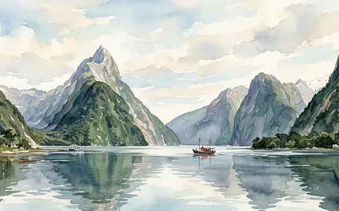 Aquarellillustration des Wahrzeichens Milford Sound in Milford Sound Neuseeland, weiche Farbverläufe und pastelliges Reiseposter-Feeling - Foto: THN