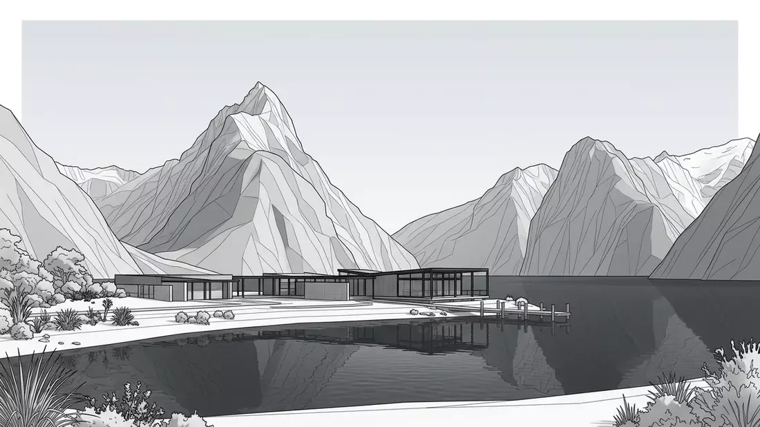Architektur-Render von Milford Sound in Milford Sound, Neuseeland bei Tageslicht