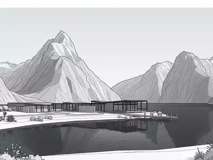 Moderner Architektur-Render zeigt Silhouette von Milford Sound in Milford Sound Neuseeland, klare Linien und neutrales - Foto: THN
