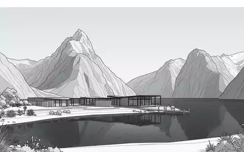 Moderner Architektur-Render zeigt Silhouette von Milford Sound in Milford Sound Neuseeland, klare Linien und neutrales - Foto: THN