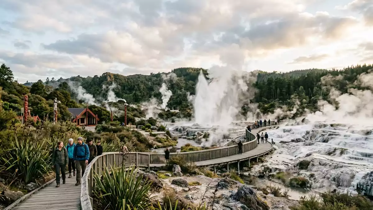 Editorial-Reisemagazinbild vom Wahrzeichen Te Puia Rotorua in Rotorua, Neuseeland