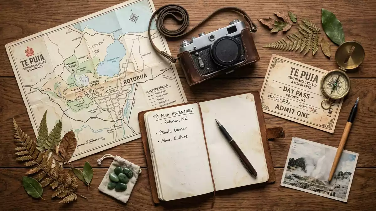Flatlay-Reise-Arrangement rund um Te Puia Rotorua in Rotorua, Neuseeland