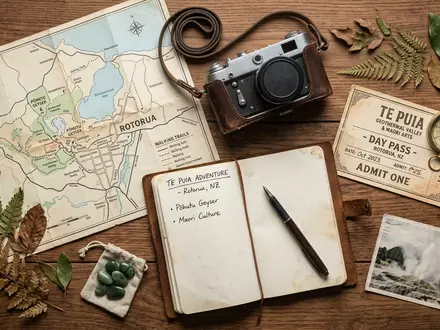 Flatlay-Reise-Arrangement rund um Te Puia Rotorua in Rotorua Neuseeland, Karte Kompass Kamera und generische Reiserequisiten - Foto: THN