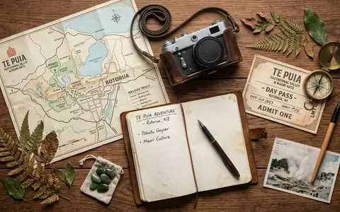 Flatlay-Reise-Arrangement rund um Te Puia Rotorua in Rotorua Neuseeland, Karte Kompass Kamera und generische Reiserequisiten - Foto: THN