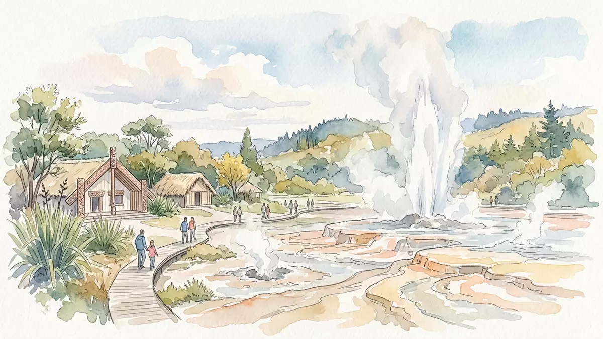 Aquarell-Illustration von Te Puia Rotorua in Rotorua, Neuseeland als Reiseposter