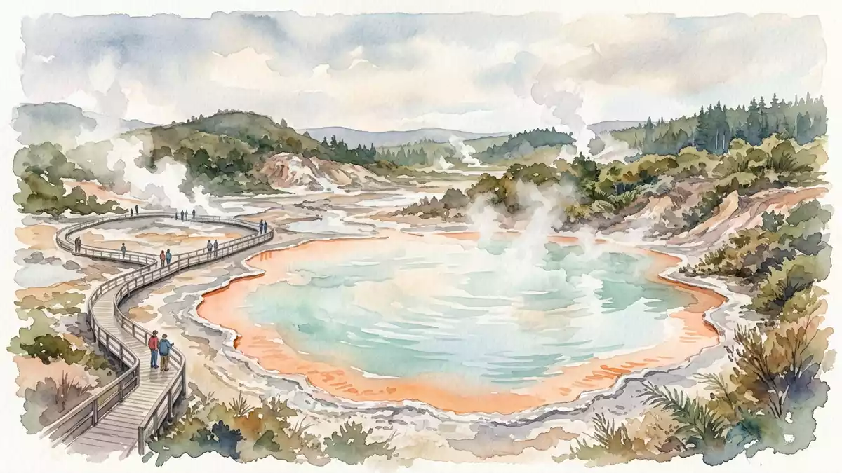 Aquarell-Illustration von Wai-O-Tapu in Rotorua, Neuseeland als Reiseposter