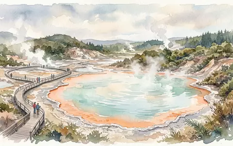 Aquarellillustration des Wahrzeichens Wai-O-Tapu in Rotorua Neuseeland, weiche Farbverläufe und pastelliges Reiseposter-Feeling - Foto: THN