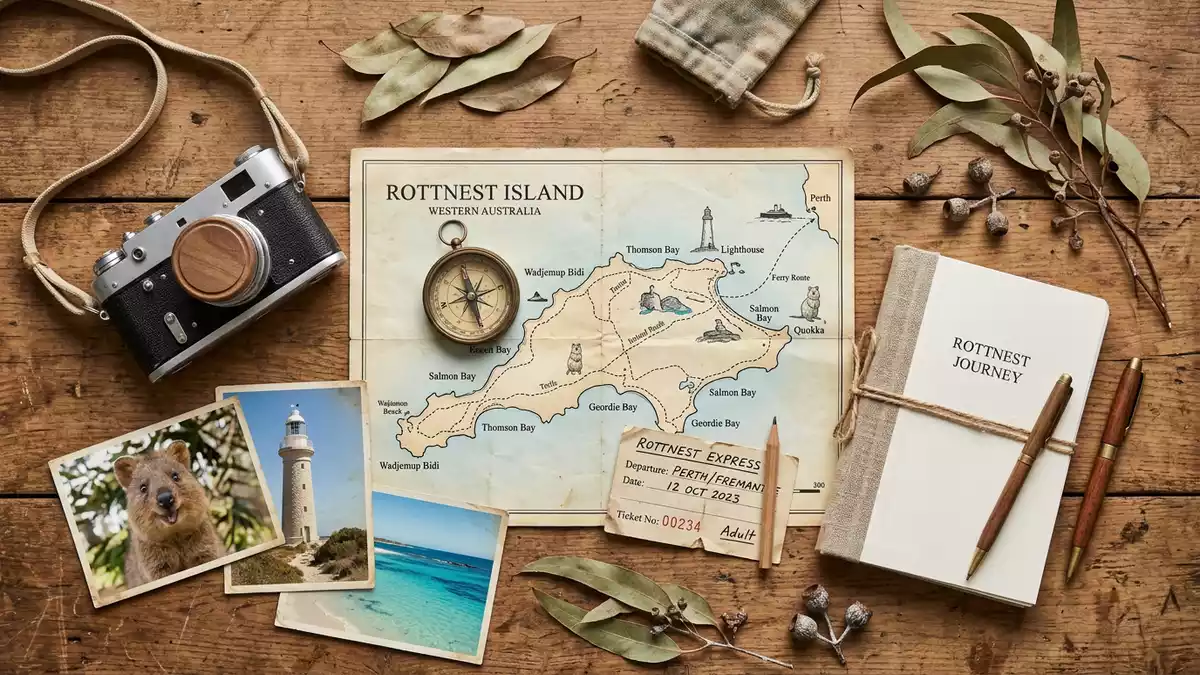 Flatlay-Reise-Arrangement rund um Rottnest Island in Perth, Australien