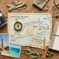 Flatlay-Reise-Arrangement rund um Rottnest Island in Perth Australien, Karte Kompass Kamera und generische Reiserequisiten - Foto: THN