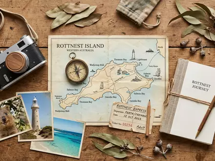 Flatlay-Reise-Arrangement rund um Rottnest Island in Perth Australien, Karte Kompass Kamera und generische Reiserequisiten - Foto: THN