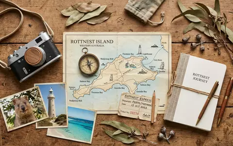 Flatlay-Reise-Arrangement rund um Rottnest Island in Perth Australien, Karte Kompass Kamera und generische Reiserequisiten - Foto: THN