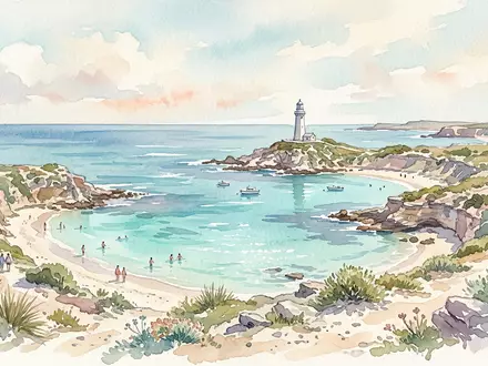 Aquarellillustration des Wahrzeichens Rottnest Island in Perth Australien, weiche Farbverläufe und pastelliges Reiseposter-Feeling - Foto: THN