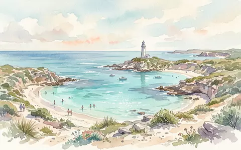 Aquarellillustration des Wahrzeichens Rottnest Island in Perth Australien, weiche Farbverläufe und pastelliges Reiseposter-Feeling - Foto: THN