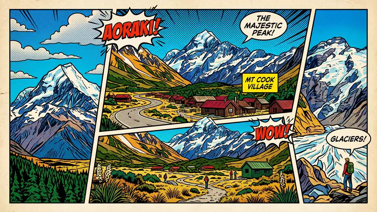 Pop-Art-Comic von Aoraki Mount Cook in Mount Cook Village, Neuseeland mit Rasterpunkten