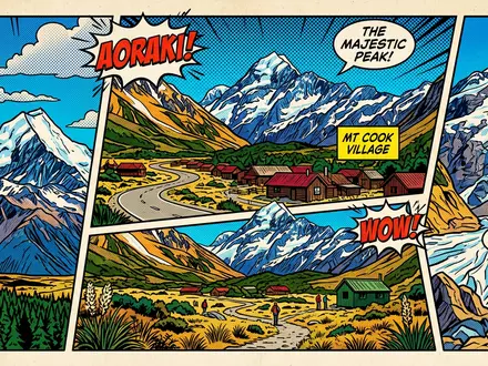 Pop-Art-Comicillustration des Wahrzeichens Aoraki Mount Cook in Mount Cook Village Neuseeland, kraeftige Konturen Rasterpunkte und - Foto: THN