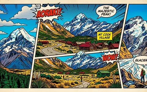 Pop-Art-Comicillustration des Wahrzeichens Aoraki Mount Cook in Mount Cook Village Neuseeland, kraeftige Konturen Rasterpunkte und - Foto: THN