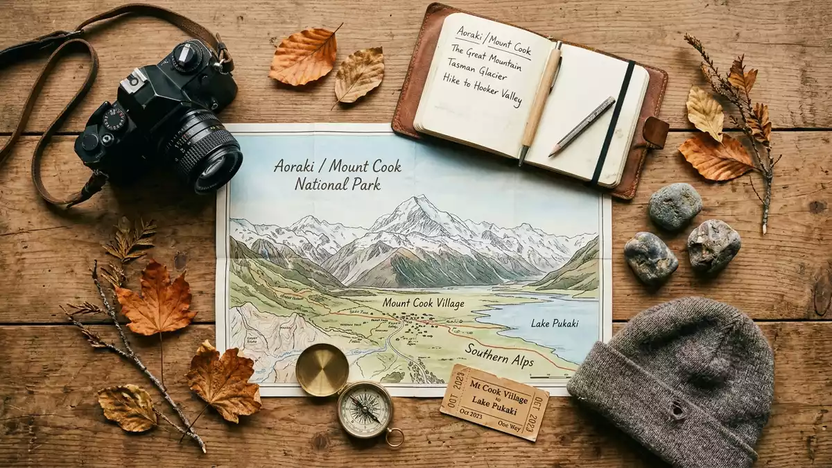 Flatlay-Reise-Arrangement rund um Aoraki Mount Cook in Mount Cook Village, Neuseeland