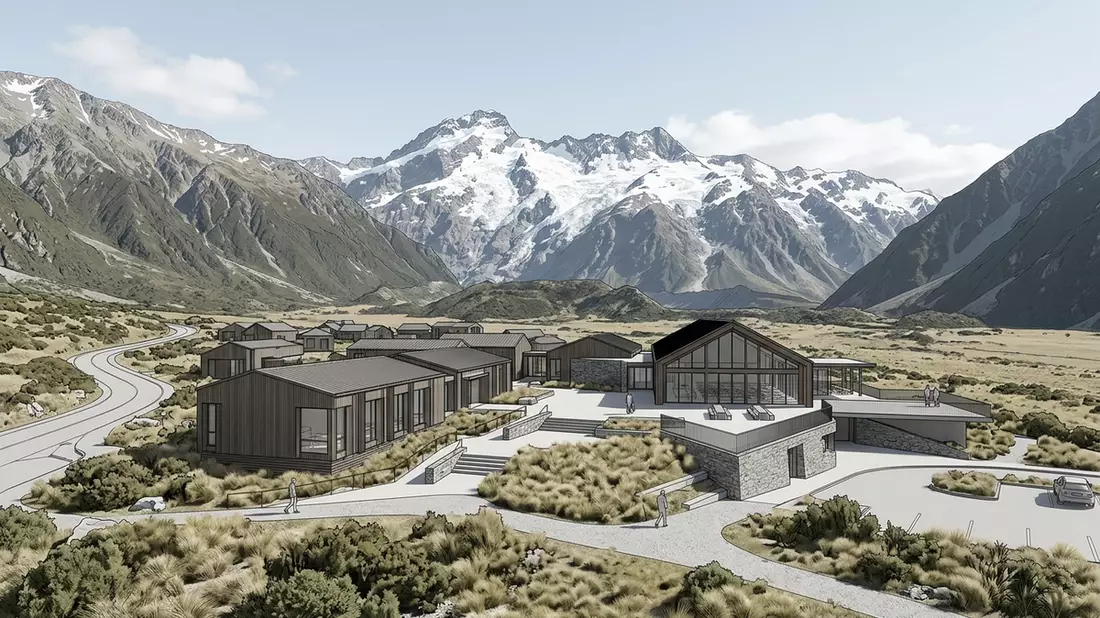 Architektur-Render von Aoraki Mount Cook in Mount Cook Village, Neuseeland bei Tageslicht