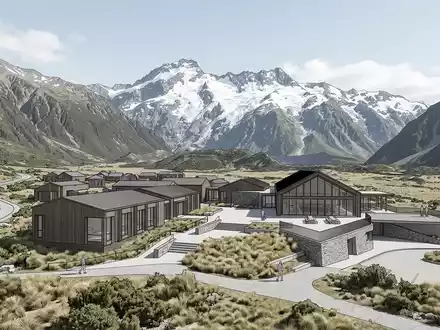 Moderner Architektur-Render zeigt Silhouette von Aoraki Mount Cook in Mount Cook Village Neuseeland, klare Linien - Foto: THN
