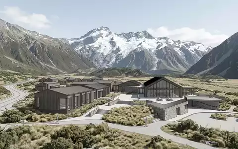 Moderner Architektur-Render zeigt Silhouette von Aoraki Mount Cook in Mount Cook Village Neuseeland, klare Linien - Foto: THN