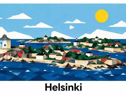 Bauhaus-Poster als geometrische Abstraktion von Suomenlinna Helsinki in Helsinki Finnland, kraeftige Grundfarben und harte Formkanten - Foto: THN