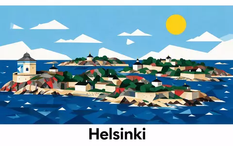 Bauhaus-Poster als geometrische Abstraktion von Suomenlinna Helsinki in Helsinki Finnland, kraeftige Grundfarben und harte Formkanten - Foto: THN