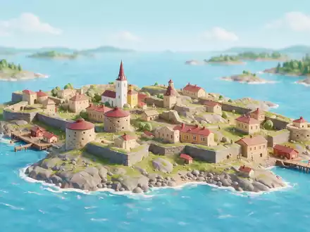 Isometrisches Diorama von Suomenlinna Helsinki und Umgebung in Helsinki Finnland, verspielte Low-Poly-Kulisse in Pastellfarben - Foto: THN