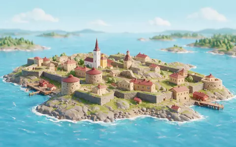 Isometrisches Diorama von Suomenlinna Helsinki und Umgebung in Helsinki Finnland, verspielte Low-Poly-Kulisse in Pastellfarben - Foto: THN