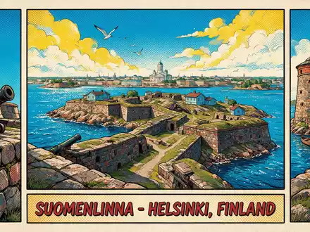 Pop-Art-Comicillustration des Wahrzeichens Suomenlinna Helsinki in Helsinki Finnland, kraeftige Konturen Rasterpunkte und satte Farben - Foto: THN