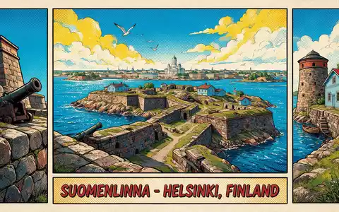 Pop-Art-Comicillustration des Wahrzeichens Suomenlinna Helsinki in Helsinki Finnland, kraeftige Konturen Rasterpunkte und satte Farben - Foto: THN