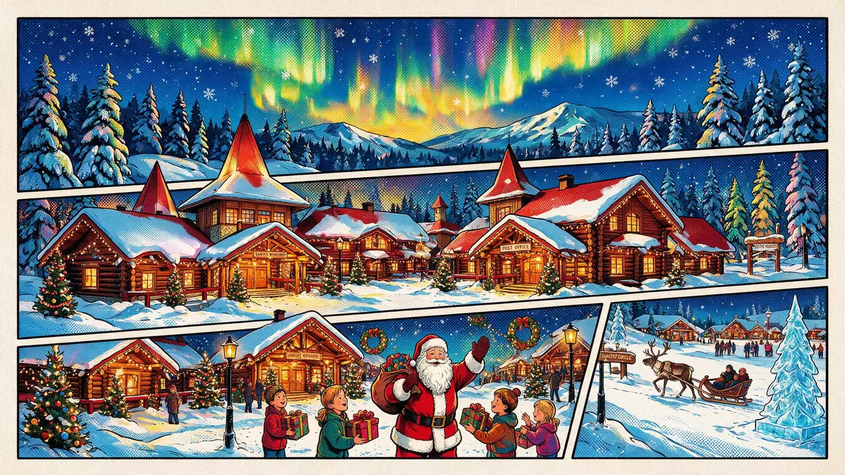 Pop-Art-Comic von Weihnachtsmanndorf Rovaniemi in Rovaniemi, Finnland mit Rasterpunkten