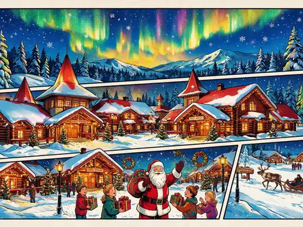 Pop-Art-Comicillustration des Wahrzeichens Weihnachtsmanndorf Rovaniemi in Rovaniemi Finnland, kraeftige Konturen Rasterpunkte und satte Farben - Foto: THN