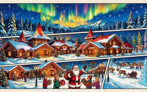 Pop-Art-Comicillustration des Wahrzeichens Weihnachtsmanndorf Rovaniemi in Rovaniemi Finnland, kraeftige Konturen Rasterpunkte und satte Farben - Foto: THN