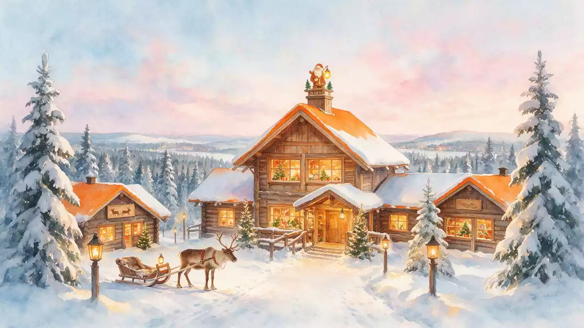 Aquarell-Illustration von Weihnachtsmanndorf Rovaniemi in Rovaniemi, Finnland als Reiseposter