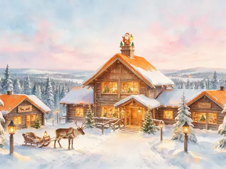 Aquarellillustration des Wahrzeichens Weihnachtsmanndorf Rovaniemi in Rovaniemi Finnland, weiche Farbverläufe und pastelliges Reiseposter-Feeling - Foto: THN