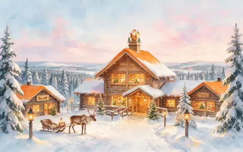 Aquarellillustration des Wahrzeichens Weihnachtsmanndorf Rovaniemi in Rovaniemi Finnland, weiche Farbverläufe und pastelliges Reiseposter-Feeling - Foto: THN
