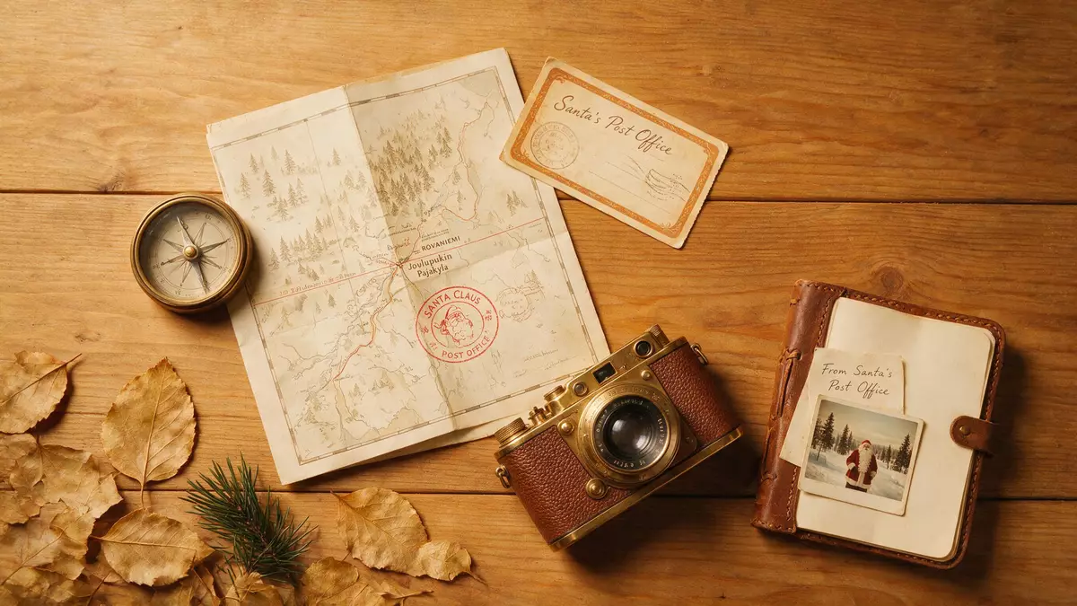 Flatlay-Reise-Arrangement rund um Weihnachtsmanndorf Rovaniemi in Rovaniemi, Finnland