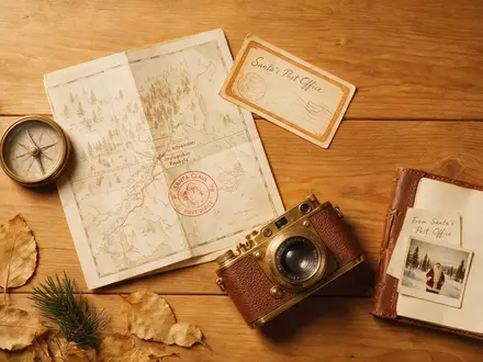 Flatlay-Reise-Arrangement rund um Weihnachtsmanndorf Rovaniemi in Rovaniemi Finnland, Karte Kompass Kamera und generische Reiserequisiten - Foto: THN