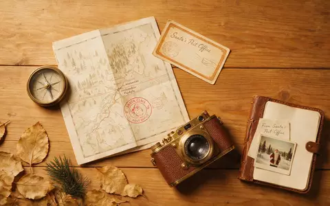 Flatlay-Reise-Arrangement rund um Weihnachtsmanndorf Rovaniemi in Rovaniemi Finnland, Karte Kompass Kamera und generische Reiserequisiten - Foto: THN