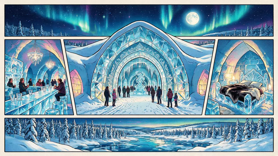 Pop-Art-Comic von Eishotel Jukkasjärvi in Jukkasjarvi, Schweden mit Rasterpunkten