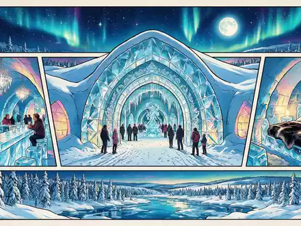 Pop-Art-Comicillustration des Wahrzeichens Eishotel Jukkasjärvi in Jukkasjarvi Schweden, kraeftige Konturen Rasterpunkte und satte Farben - Foto: THN