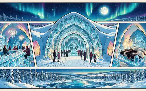 Pop-Art-Comicillustration des Wahrzeichens Eishotel Jukkasjärvi in Jukkasjarvi Schweden, kraeftige Konturen Rasterpunkte und satte Farben - Foto: THN