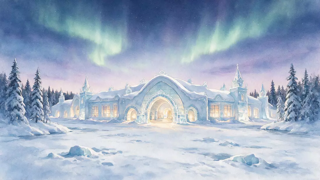 Aquarell-Illustration von Eishotel Jukkasjärvi in Jukkasjarvi, Schweden als Reiseposter
